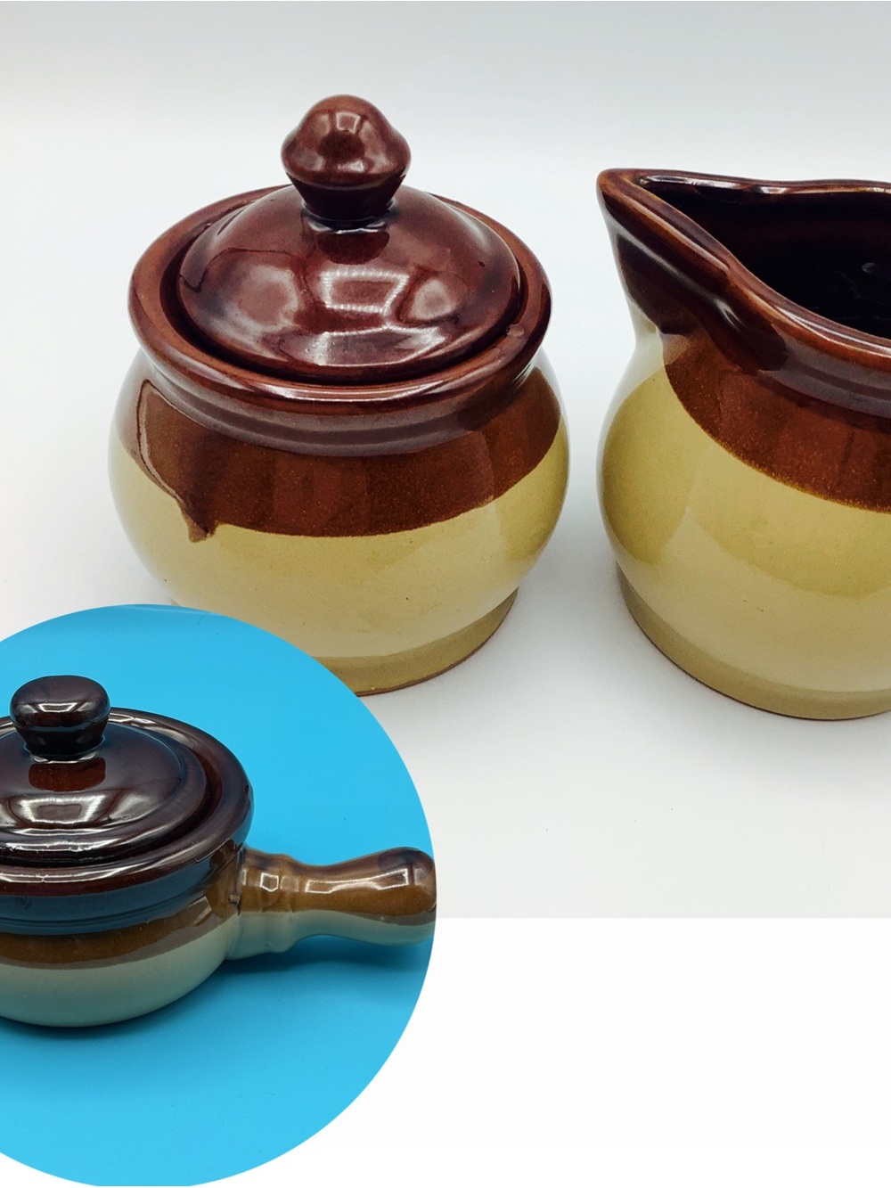 Brown and Cream Ceramic Soup Bowl /Sugar Bowl & Creamer Lot